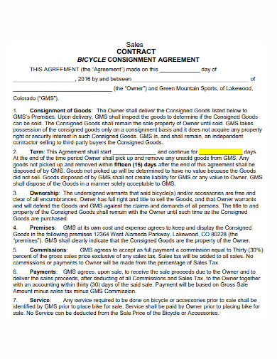 bicycle sales consignment contract