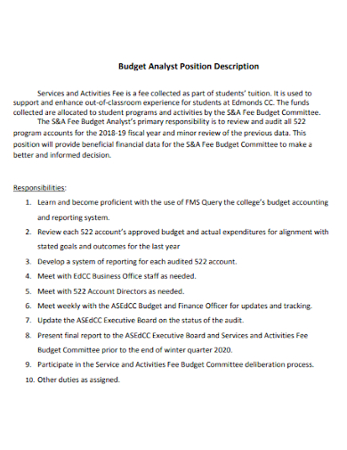 budget analyst position description resume