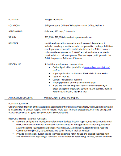 budget technician employment opportunity resume