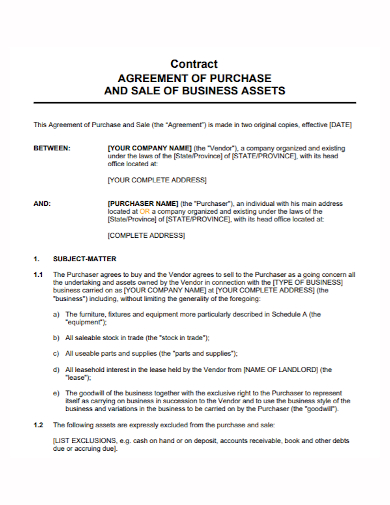 business assets purchase and sale contract