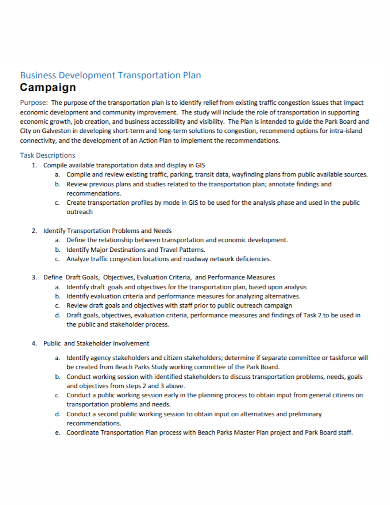 business development campaign transportation plan