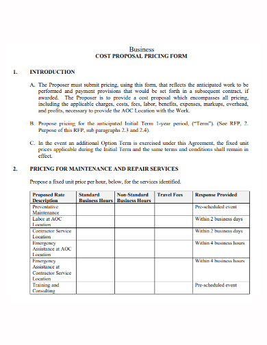 business pricing cost proposal form