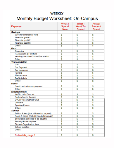 campus weekly budget worksheet