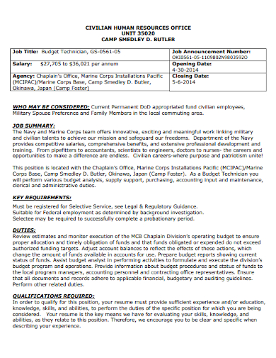 civilian human resource budget technician resume