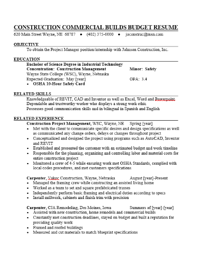 commercial builds construction budget resume