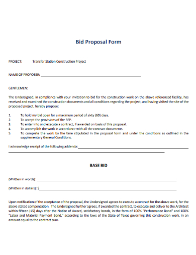 construction project bid proposal form
