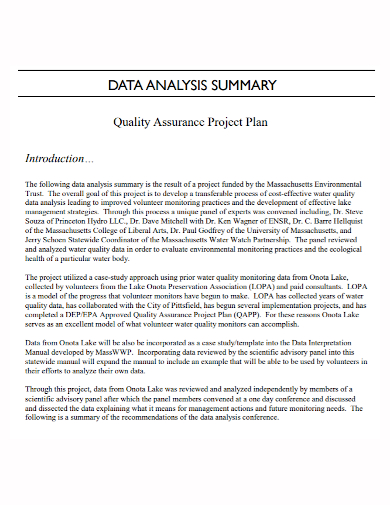data analysis summary project plan