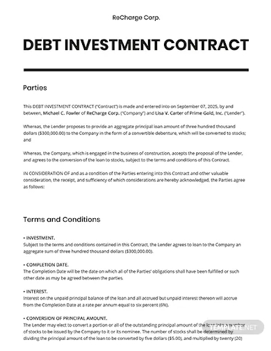 debt investment contract template