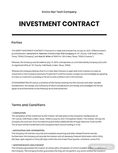 draft investment contract template