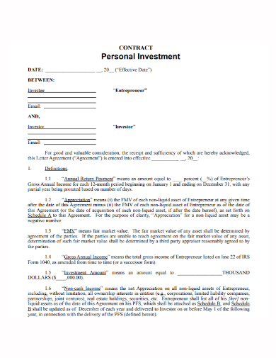 entrepreneur personal investment contract