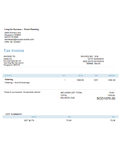 event planning tax invoice