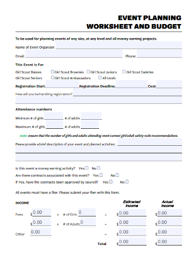 event planning worksheet and budget