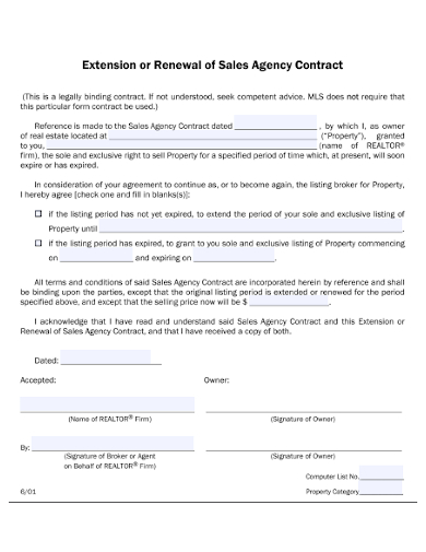 extension or renewal of sales agency contract