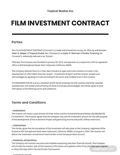 film investment contract template