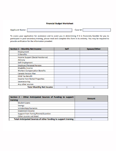 financial budget worksheet form
