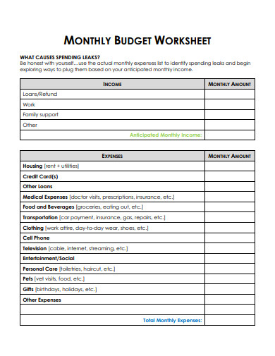 formal monthly budget worksheet