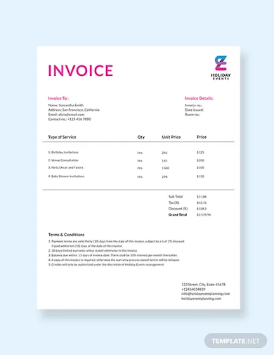 free event planner invoice template