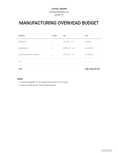 free manufacturing overhead budget template