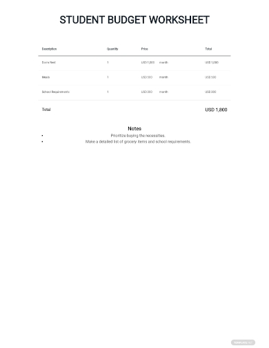 free student budget worksheet template