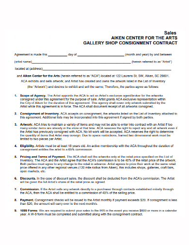 gallery shop sales consignment contract