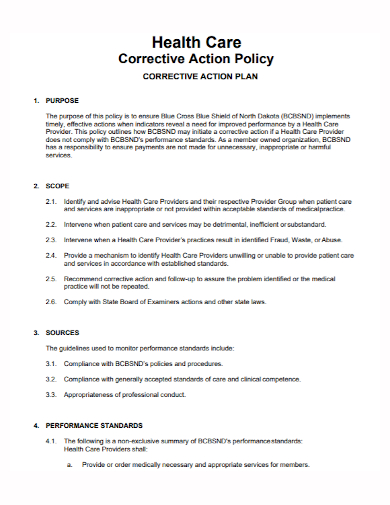 healthcare corrective action policy plan