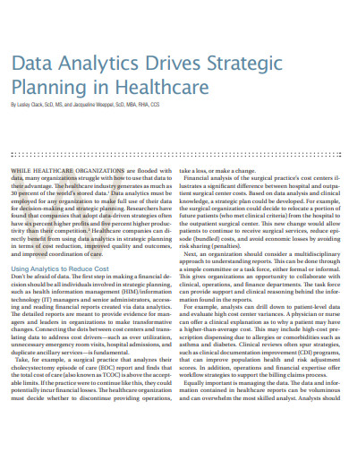 healthcare data analysis strategic plan