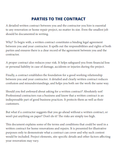 home renovation contract to the parties