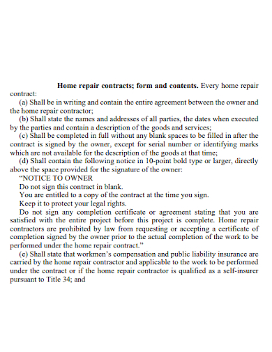home repair contract form and content