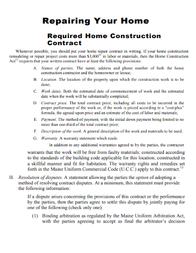 home repair required construction contract
