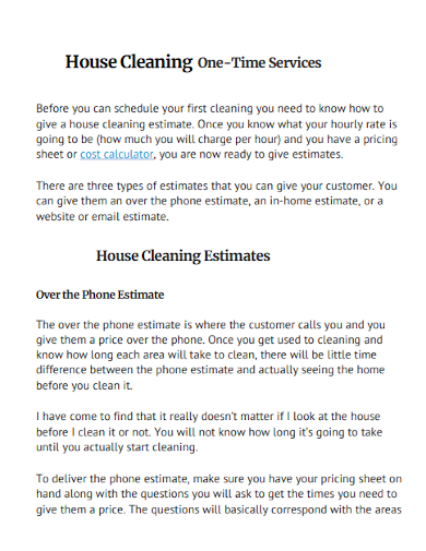 house cleaning one time service estimate