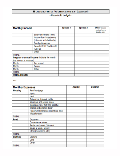 household budget worksheet form
