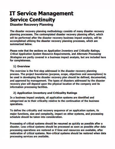 it service disaster recovery continuity plan