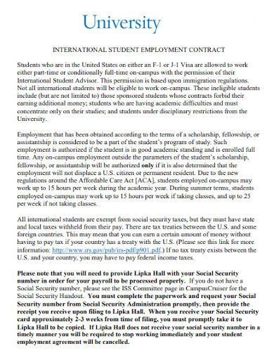 international student university employment contract