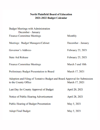 monthly board budget calendar