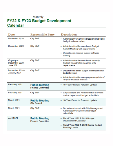 monthly budget development calendar