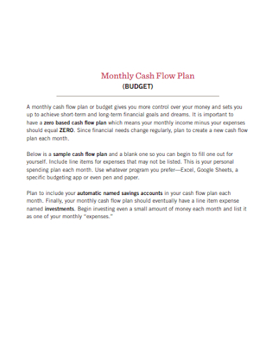 monthly cash flow plan budget