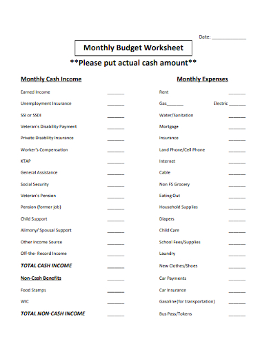 monthly cash income budget worksheet