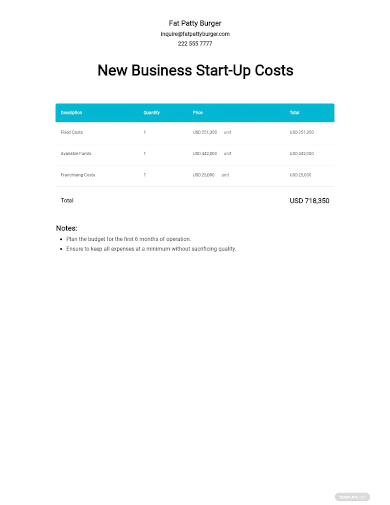 new business start up costs template
