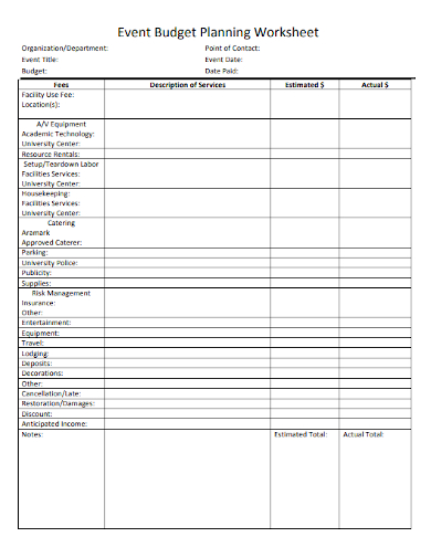 organization event planning budget worksheet