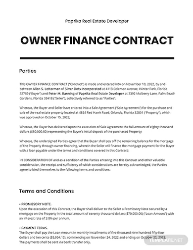 owner finance contract template