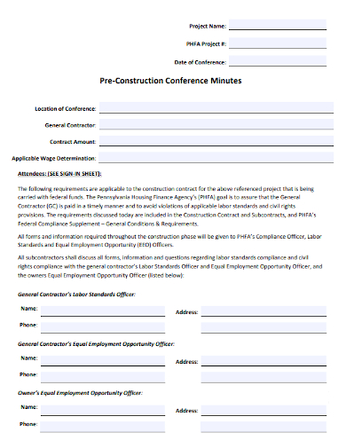 pre construction conference minutes contract