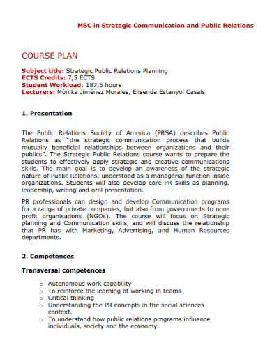 public relations strategic course plan