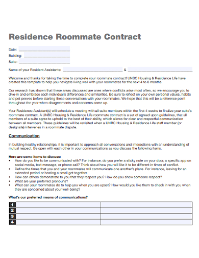 residence roommate contract