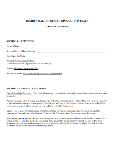 residential construction sale contract