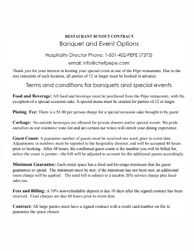 restaurant buyout banquet event contract