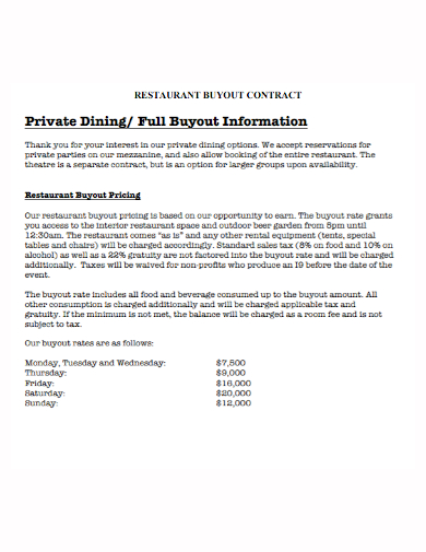 restaurant buyout dining contract
