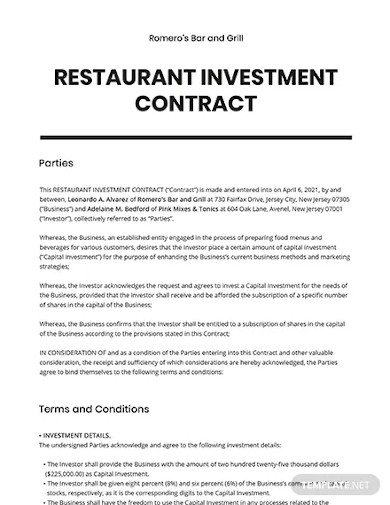 restaurant investment contract