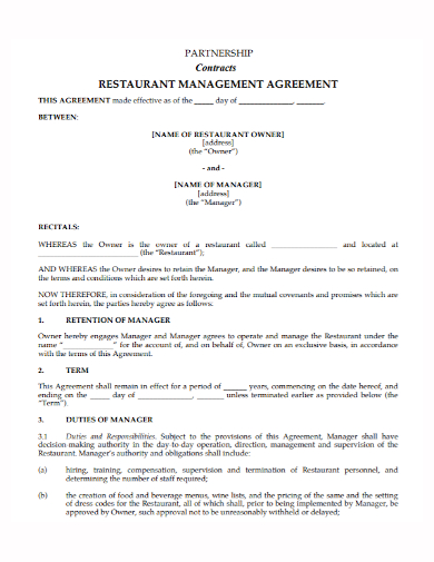 restaurant management partnership contract