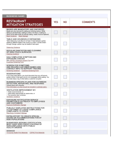 restaurant mitigation strategic planning checklist