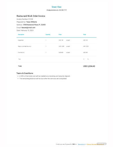 restaurant work order invoice template